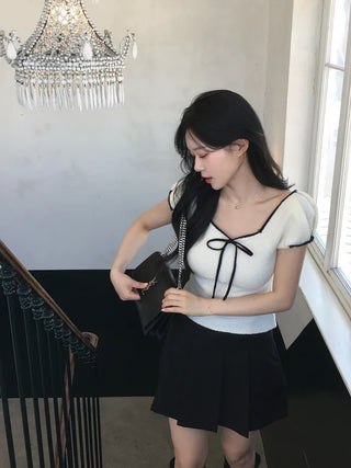 Ribbon Bicolor Short-Sleeve Knit