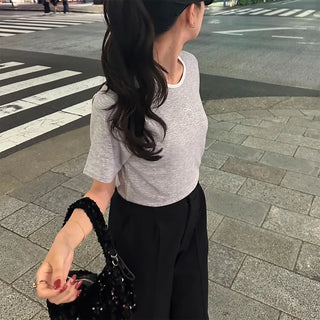 Spun ribbon color-blocked short-sleeved T-shirt