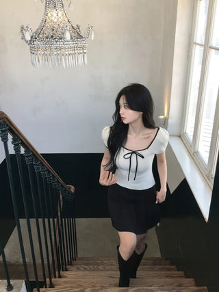 Ribbon Bicolor Short-Sleeve Knit
