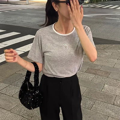 Spun ribbon color-blocked short-sleeved T-shirt