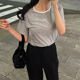 Spun ribbon color-blocked short-sleeved T-shirt