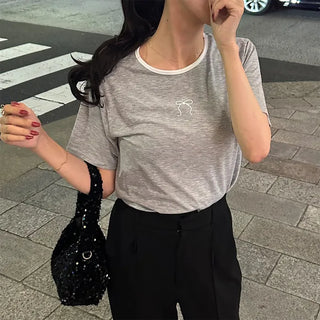 Spun ribbon color-blocked short-sleeved T-shirt