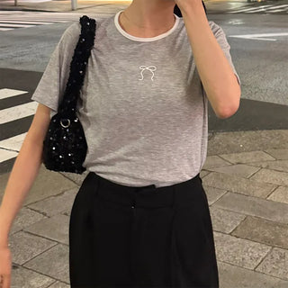 Spun ribbon color-blocked short-sleeved T-shirt