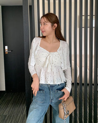 Bust Ribbon Dot Sleeveless Top & Cardigan Set