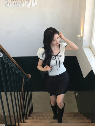Ribbon Bicolor Short-Sleeve Knit
