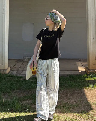 Elastic waist triple stripe cotton pants