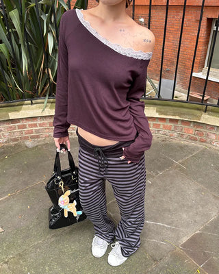 Scalloped Lace Off-Shoulder Neck Long T-Shirt