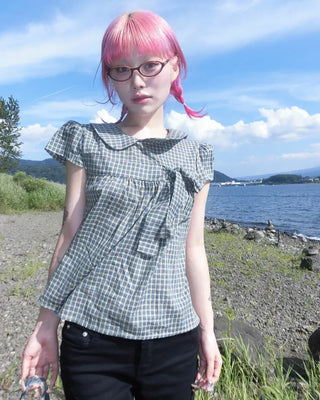 Cap puff sleeve ribbon flare blouse