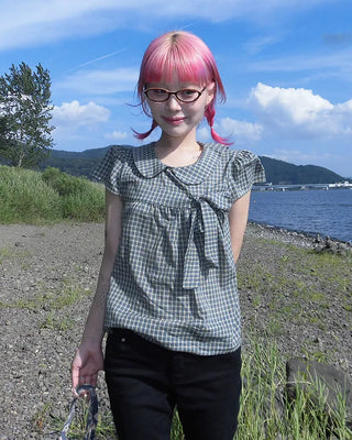 Cap puff sleeve ribbon flare blouse