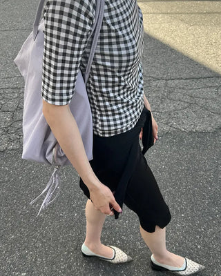 Gingham check boat neck 5/8 sleeve slim T-shirt