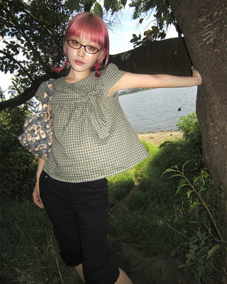 Cap puff sleeve ribbon flare blouse