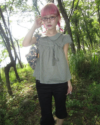 Cap puff sleeve ribbon flare blouse