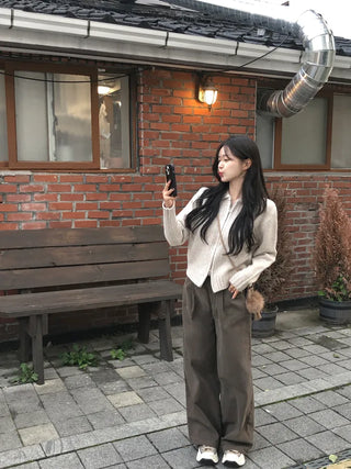 [3 colors] Cotton pleated wide-leg pants
