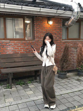 [3 colors] Cotton pleated wide-leg pants