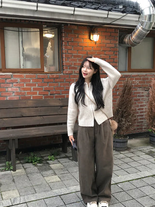 [3 colors] Cotton pleated wide-leg pants