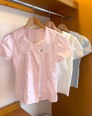 [6th Re-release] (ORIGINAL) Heart Button Lace Puff Blouse
