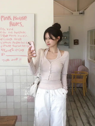 Halter neck sleeveless top & cardigan set
