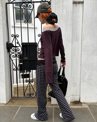 Scalloped Lace Off-Shoulder Neck Long T-Shirt