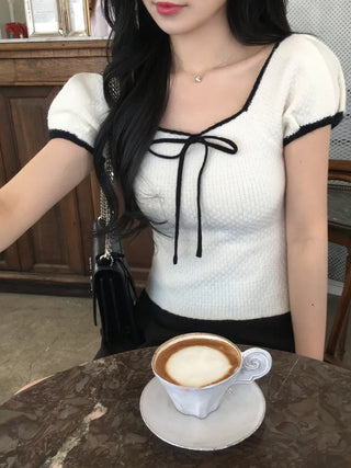Ribbon Bicolor Short-Sleeve Knit