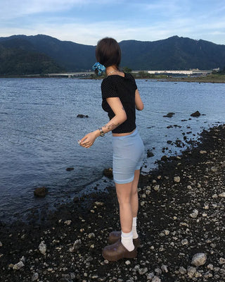Pindot Long Neck Rib Half T-Shirt
