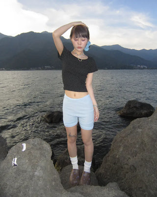 Pindot Long Neck Rib Half T-Shirt