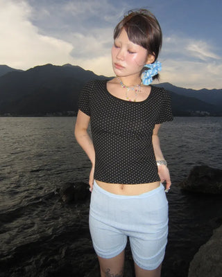 Pindot Long Neck Rib Half T-Shirt