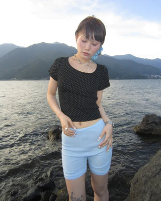 Pindot Long Neck Rib Half T-Shirt