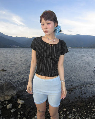 Pindot Long Neck Rib Half T-Shirt