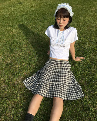 Tartan check tiered midi skirt