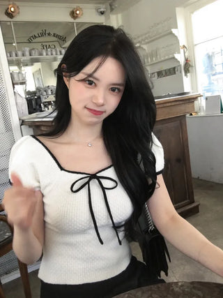 Ribbon Bicolor Short-Sleeve Knit