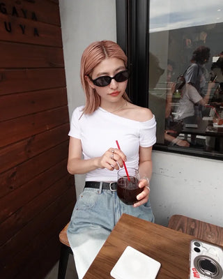 Asymmetrical Neck Slim Half T-Shirt