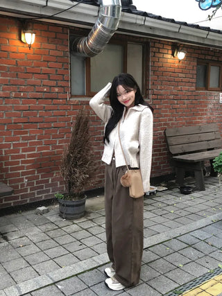 [3 colors] Cotton pleated wide-leg pants