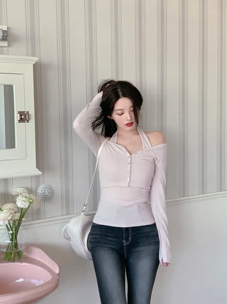 Halter neck sleeveless top & cardigan set