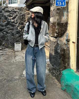 Two-button denim wide-leg pants