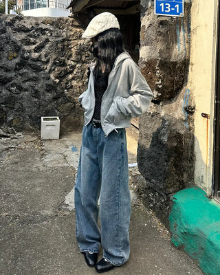Two-button denim wide-leg pants
