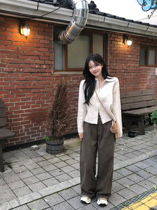 [3 colors] Cotton pleated wide-leg pants