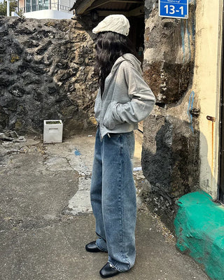 Two-button denim wide-leg pants