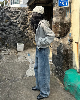 Two-button denim wide-leg pants