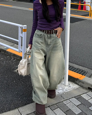 2-Way Round Neck Striped Rib Long T-Shirt
