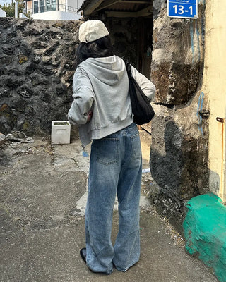 Two-button denim wide-leg pants