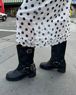 Round-toe biker mid-calf boots