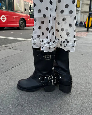 Round-toe biker mid-calf boots