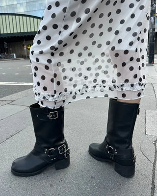 Round-toe biker mid-calf boots