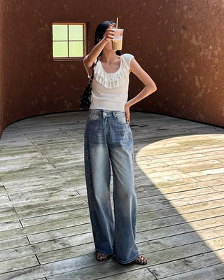 (Unisex) Vintage Washed Wide Denim Pants