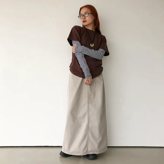 Striped U-neck long-sleeve T-shirt