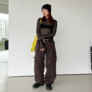 See-through lace long-sleeve T-shirt