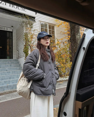 Down jacket x fleece reversible high-neck jacket