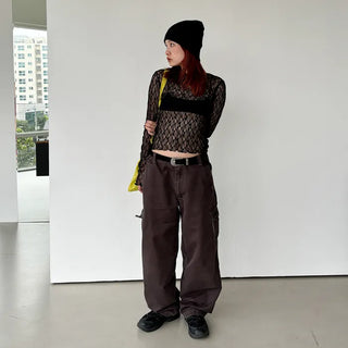 See-through lace long-sleeve T-shirt
