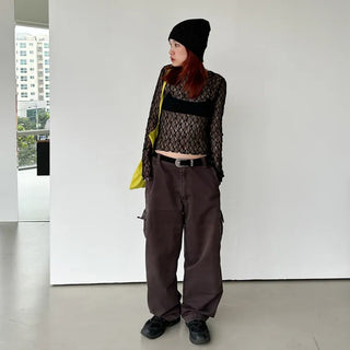 See-through lace long-sleeve T-shirt
