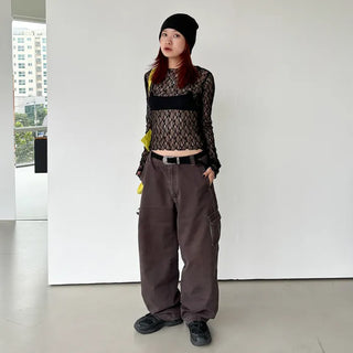 See-through lace long-sleeve T-shirt